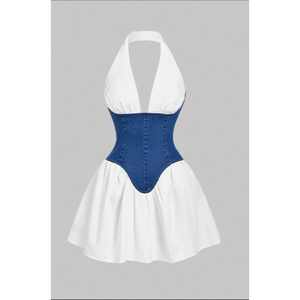 เดรสสั้นคอร์เซ็ทผ้ายีนส์ทูโทน หรือที่เรียกว่าเดรสสเก็ตเตอร์ผ้าผสมผสานหรือเดรสผ้าปะติดปะต่อผ้ายีนส์ คอร์เซ็ทแบบผูกคอ - Product Image 3