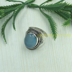Natural Blue Chalcedony <b>Ring</b> 925 Sterling Silver Handmade Vintage <b>Statement</b> Jewelry Oval Gemstone <b>Ring</b> for Unisex Women Jewelry - Product Image 3