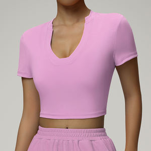 Camiseta Deportiva Personalizada para Mujer, Color Nude Sólido, Cómoda, Suave, Ajustada, Cuello en V, Manga Corta, para Fitness, Yoga, Gimnasio - Product Image 2