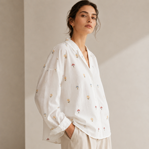 Women White Cotton Shirt Full Sleeve Colorful Mini Floral Embroidery V Neck <b>Loose</b> Casual <b>Dresses</b> Blouse for Wholesale - Product Image 3