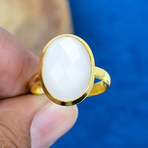 Natural White <b>Moonstone</b> Oval Shape Gemstone <b>Rings</b> 18k Gold Micron 925 Sterling Silver - Product Image 2