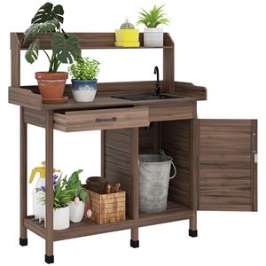 Tavolo da Lavoro da Esterno Dark Bro con Lavello, Banco da Giardinaggio per Patio e Armadietto Portaoggetti con Ganci, Tavolo da Lavoro per Serra e Giardino - Product Image 1