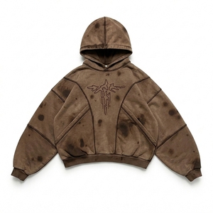 Sweat à capuche oversize vintage d'hiver doublé en maille délavée avec logo brodé en 3D sur la poitrine, style streetwear pour homme - Product Image 2