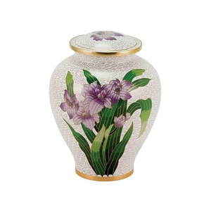 Urna de Metal Blanca con Diseño Floral de Iris Morado, Motivo de Hojas Verdes, Borde Dorado, Recuerdo Conmemorativo para Cenizas de Cremación - Product Image 2