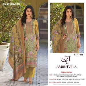Colección de Salwar-Suit-Dupatta de alta calidad en muselina de viscosa con estampado digital y trabajo Aari hecho a mano, proveedor indio. - Product Image 2