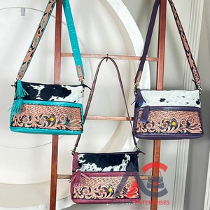 Arshiya Enterprises High-End Luxury New Genuine Hair-on Cowhide <b>Tooled</b> <b>Leather</b> Crossbody Purse Western Floral Handcrafted - Product Image 1