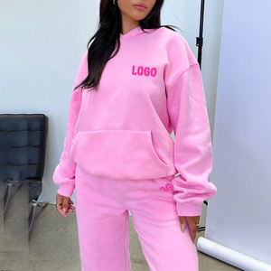 Wholesale Women's Solid <b>Pink</b> 100% Cotton Fleece Fall <b>Tracksuit</b> Girl's Mid Waist Loose Fit Oversize Jogging Sportswear <b>Tracksuits</b> - Product Image 4