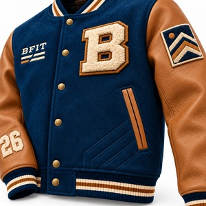 Chaqueta Varsity Azul Marino para Hombre con Mangas de Cuero Marrón, Parches de Letras Bordadas, Mezcla de Lana, Abrigo de Invierno - Product Image 6