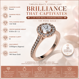แหวนเพชรแท้ทรงกลมเม็ดเดี่ยว 1.10 กะรัต |   แหวนหมั้นประดับโรสโกลด์ 14K สำหรับผู้หญิง |   เครื่องประดับหรูหรา ของขวัญเครื่องประดับชั้นดี - Product Image 5