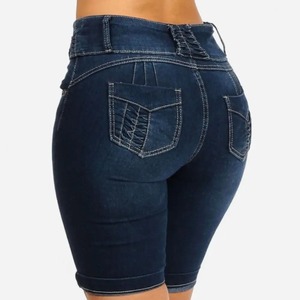 PRIMEFIELD ENTERPRISES Short en jean taille mi-haute pour femme, coupe droite, poches froncées, délavé, style automne, couleur unie, imperméable - Product Image 2