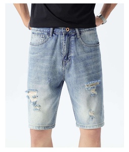 Shorts en jean déchirés délavés bleu clair pour hommes, coupe droite, taille mi-haute, en coton, décontractés, d'été, avec poches tissées, séchage rapide, imperméables - Product Image 3