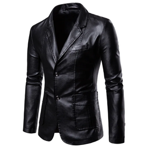 Blazer en cuir PU slim fit pour homme, noir, col rabattu, simple boutonnage, veste décontractée élégante, longueur standard, pour l'automne - Product Image 1