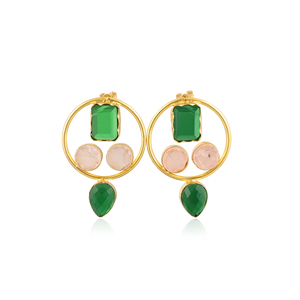 Elegantes Pendientes de Latón Chapado en Oro con Gemas de Hidro Verde y Druzy Blanco, Joyería de Diseño para Mujer, Lote al por Mayor de 10 Pares - Product Image 1