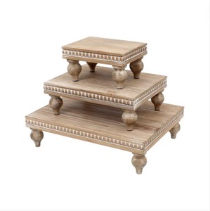 Juego de 3 Soportes de Exhibición de Madera Rústica con Borde de Cuentas, Bandeja de Pedestal para Encimera de Cocina, Decoración del Hogar, Venta al por Mayor para Fiestas - Product Image 1
