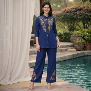 Ensemble 2 pièces brodé bleu pour femme, haut et pantalon en coton Oxford à manches trois quarts, coupe ample, élégant, pour toutes les saisons - Product Image 5