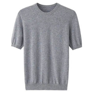 T-shirt décontracté pour homme, uni, crème, manches courtes, 100% coton, col rond, tricoté, coupe classique - Product Image 5
