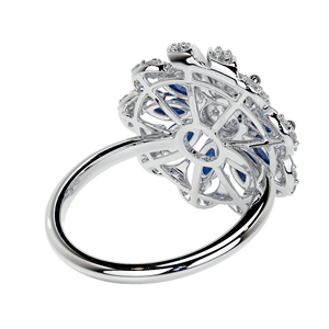 Luxury Blue Sapphire Marquise & White DiamondFlower Cocktail <b>Ring</b> Featuring Accents and <b>Plain</b> High End Polish Band in White Gold - Product Image 3
