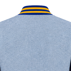 Womens Light <b>Grey</b> Varsity Bomber <b>Jacket</b> Blue Sleeves Greek Letter Embroidery Gold Stripe Accent Snap Button Ribbed Collar Cuffs - Product Image 6