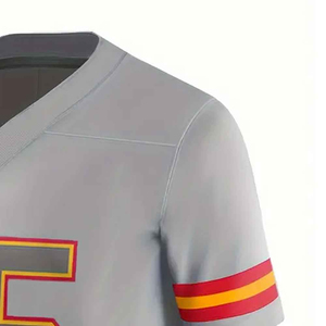 Maillot de lacrosse personnalisé pour homme, col en V, manches courtes, gris, rayures rouges et jaunes, respirant, en polyester, vêtements de sport, vente en gros OEM - Product Image 4