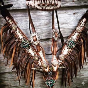 High Quality Handmade Western Horse Tack <b>Set</b> One Ear Headstall & Breastplate with <b>Beaded</b> & Colorful Fringes for Riding - Product Image 1