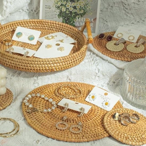 Rattan <b>tray</b> Handwoven Rattan Storage Basket Round Wicker Organizer Woven <b>Tray</b> for Kitchen Home - Product Image 6