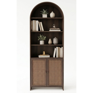 Étagère à livres en bois de teck moderne avec portes de placard en rotin - Product Image 1