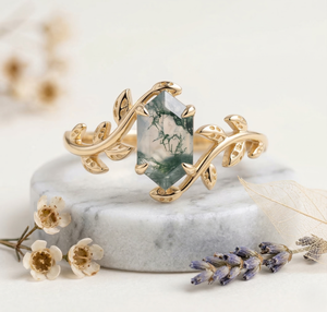 Anillo de Compromiso de Ágata Musgosa Botánica con Acento de Diamante CVD, Joyería Nupcial Dorada, Anillo de Boda de Moda - Product Image 3