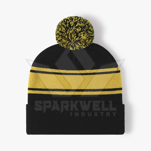 Sparkwell Industry Bonnet tricoté unisexe à rayures noires et jaunes avec pompon, casquette d'hiver décontractée pour adulte 56-58CM - Product Image 4