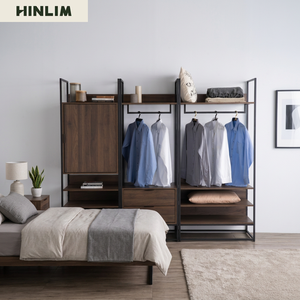 Armario Abierto de Diseño Industrial Moderno, Estructura Metálica, Tablero Laminado, 4 Estantes, Mueble de Almacenamiento Independiente para Dormitorio - Product Image 1