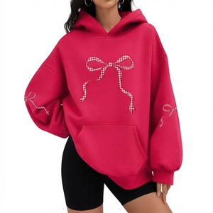 Sweat-shirt à capuche oversize pour femme, style décontracté, à pois, avec poches, épaules tombantes, en mélange de coton, tricoté, pour l'automne - Product Image 5