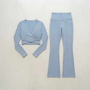 <b>Women</b> Light Blue Wrap Crop Top Yoga Set High Waist <b>Flare</b> <b>Leggings</b> Gym Fitness Workout Activewear Two Piece Set - Product Image 3