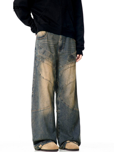Jeans al por mayor personalizados para hombre, estilo urbano, hip hop, con dobladillo sin rematar, holgados, descoloridos por el sol, de corte recto, azul oscuro, de pierna ancha - Product Image 6