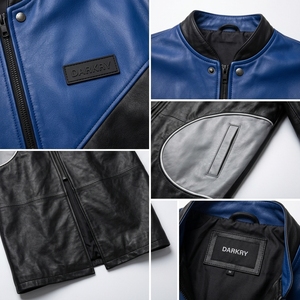 <b>Mens</b> <b>Black</b> Real Leather <b>Trench</b> <b>Coat</b> Royal Blue Chevron Yoke Grey Pocket Custom Biker Winter Overcoat Longline ODM Factory - Product Image 6