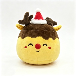 Peluche de reno personalizado que parpadea, peluche de reno amarillo redondo con astas marrones, peluche de reno con gorro de Papá Noel, peluche de reno con nariz roja - Product Image 4