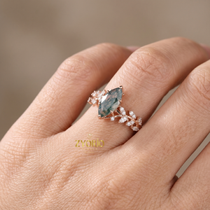Anillo de compromiso de oro de 10K con ágata marquesa y racimo de diamantes en forma de hoja, anillo nupcial - Product Image 6