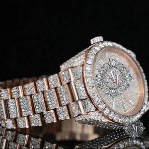 Montre automatique de luxe en acier inoxydable avec cadran en verre, chiffres romains, incrustation de diamants, ton or rose, moissanite VVS1, quartz, 10 mm, style habillé - Product Image 2
