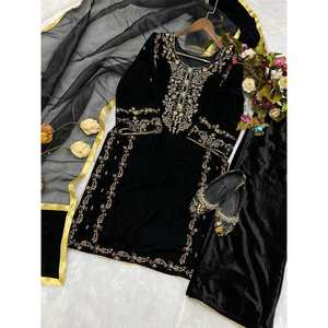 SÉQUENCE DE VELOURS ATTRACTIVE DE BRODERIE HAUT BAS AVEC DUPATTA NOIR - Product Image 1