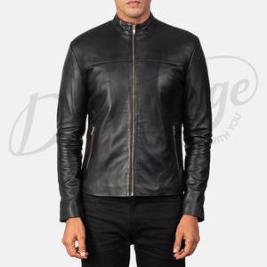 Veste de motard en cuir véritable noir de qualité supérieure pour hommes, coupe ajustée, col montant, fermeture éclair classique, manteau décontracté pour moto et streetwear - Product Image 5