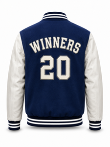 Chaqueta Varsity Unisex Azul Marino de Invierno con Parches y Letra W Blanca Bordada, Corte Regular, Estilo Urbano, Cuello Camisero - Product Image 3