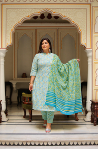 Straight Kurta <b>Pant</b> Dupatta Set Cotton Floral Embroidered Sky Blue Mandarin Collar <b>Three</b> <b>Quarter</b> Sleeve Plus Size Wholesale - Product Image 6