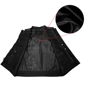 Gilet de motard sans manches en cuir noir pour homme, respirant, avec panneau matelassé et poches avant, toutes saisons - Product Image 2