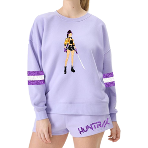 Women's Purple 2-Piece Sweatshirt Shorts <b>Set</b> With Sequin <b>Embroidery</b> Hunterix Character Stripes Casual Loose Fit Spring Summer - Product Image 1