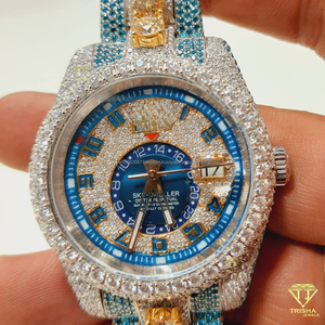 Sang trọng Iced ra bầu trời xanh Xem quay số thời gian kép, hiển thị ngày, moissanite kim cương, dây đeo đá quý hai tông màu, phong cách hip hop - Product Image 2