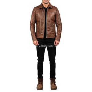 Offre Spéciale 100% Veste en cuir marron véritable pour hommes Vêtements en cuir zippé de haute qualité avec logo avant Style Letterman chaud - Product Image 6