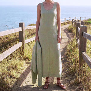 Precio de fábrica Vestido midi sin mangas 100% algodón con cuello en V, talla grande, vintage, cintura alta, manga acampanada, lazo, teñido liso, para primavera y verano - Product Image 1