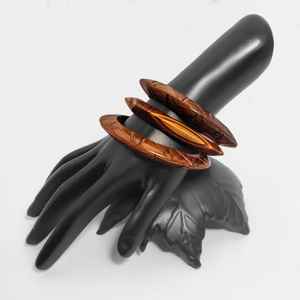 Handmade Carved Wood <b>Bangle</b> <b>Set</b> Artisanal Inlay Art Sisso Sheesham & Saffron Teak Hexagonal & Inlaid Designs Satin Polish - Product Image 1