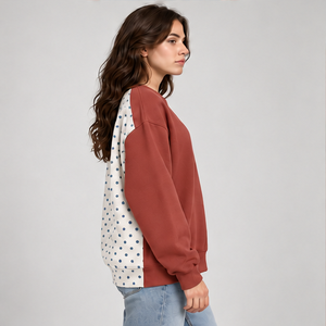 <b>Women's</b> Brick <b>Red</b> and Ivory Split Color Polka Dot Varsity Crewneck <b>Sweatshirt</b> Long Sleeve Ribbed Cuffs Pullover Wholesale - Product Image 2