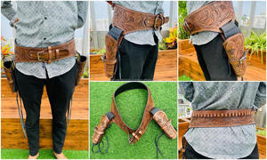 Étui de chasse Western Cowboy en cuir véritable fait à la main de qualité supérieure compatible avec bout ouvert une plate-forme avec ceintures réglables - Product Image 2