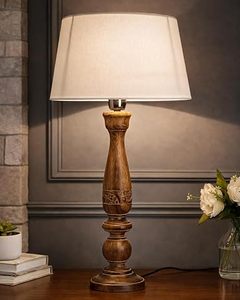 Rustic Wooden Table <b>Lamp</b> White Fabric <b>Shade</b> Round <b>Floor</b> <b>Lamp</b> for Bedroom Living Room Housewarming Decor - Product Image 2