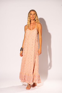Vestido Maxi Bohemio Rosa para Mujer, Sin Mangas, Cuello Cuadrado, Cintura Alta, con Volantes, Elegante, Ecológico, Tejido, Antiestático - Product Image 4